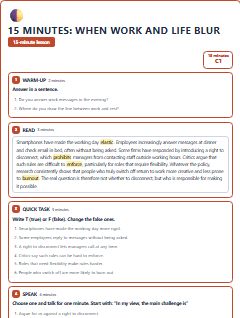 First page of 15 Minutes: When Work and Life Blur, C1 lesson plan