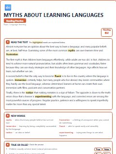 First page of Myths About Learning Languages, B2 reading text