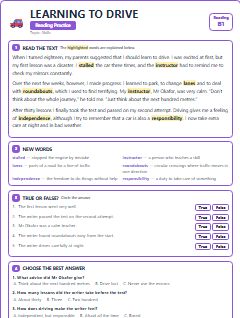 First page of Learning to Drive, B1 reading text