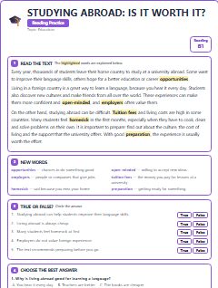 First page of Studying Abroad: Is It Worth It?, B1 reading text