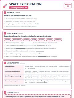 First page of Speaking: Space Exploration, C1 worksheet