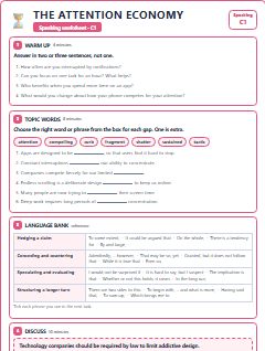 First page of Speaking: The Attention Economy, C1 worksheet