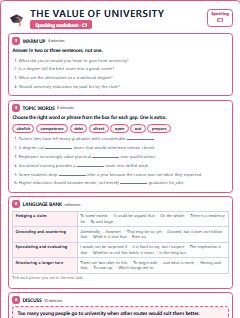 First page of Speaking: The Value of University, C1 worksheet