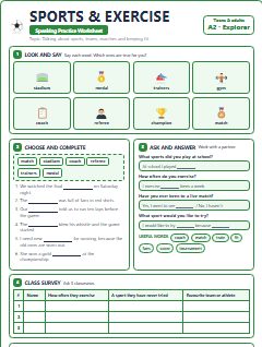 First page of Sports & Exercise, A2 worksheet