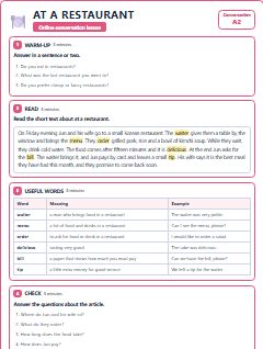 First page of Talk: At a Restaurant, A2 lesson plan
