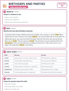 First page of Talk: Birthdays and Parties, A2 lesson plan