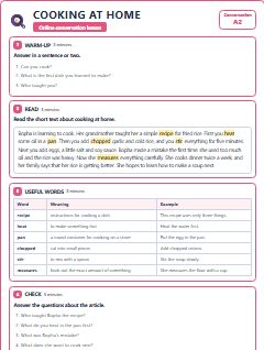 First page of Talk: Cooking at Home, A2 lesson plan