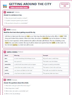 First page of Talk: Getting Around the City, A2 lesson plan