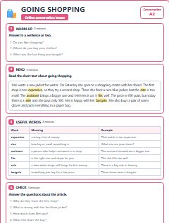 First page of Talk: Going Shopping, A2 lesson plan