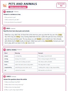 First page of Talk: Pets and Animals, A2 lesson plan