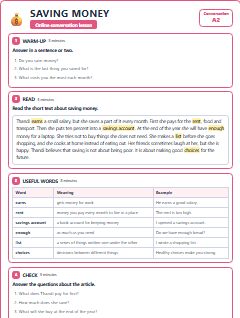 First page of Talk: Saving Money, A2 lesson plan