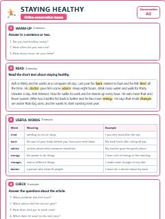 First page of Talk: Staying Healthy, A2 lesson plan