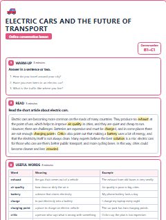 First page of Talk: Electric Cars and the Future of Transport, B1 lesson plan