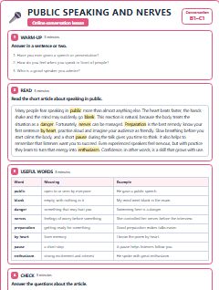 First page of Talk: Public Speaking and Nerves, B1 lesson plan