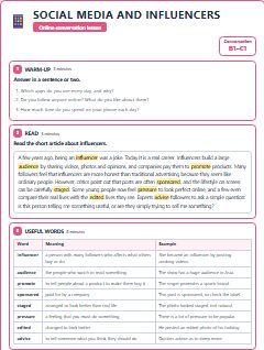 First page of Talk: Social Media and Influencers, B1 lesson plan