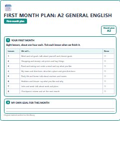 First page of First Month Plan: A2 General English, A2 lesson plan