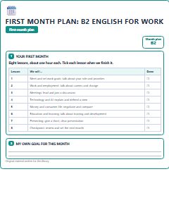 First page of First Month Plan: B2 English for Work, B2 lesson plan