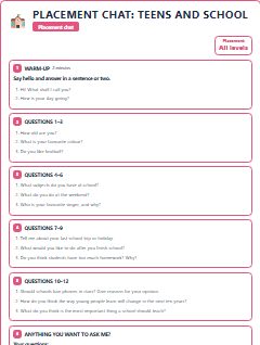 First page of Placement Chat: Teens and School, A1 lesson plan