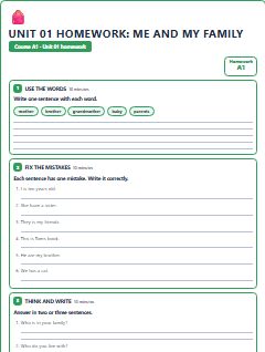 First page of Unit 01 Homework: Me and My Family, A1 worksheet