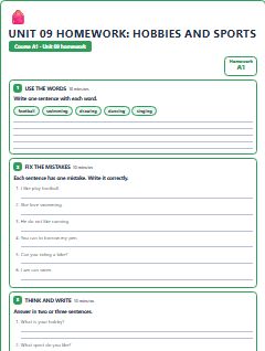 First page of Unit 09 Homework: Hobbies and Sports, A1 worksheet