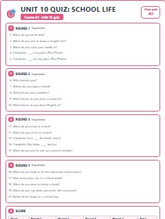 First page of Unit 10 Quiz: School Life, A1 activity bank
