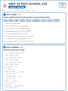 First page of Unit 10 Test: School Life, A1 assessment
