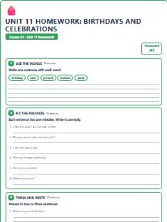 First page of Unit 11 Homework: Birthdays and Celebrations, A1 worksheet
