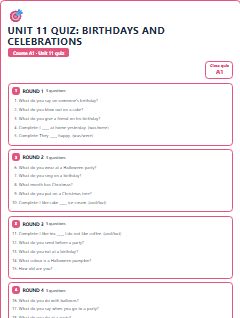 First page of Unit 11 Quiz: Birthdays and Celebrations, A1 activity bank