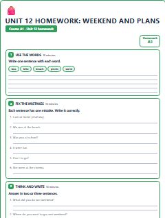 First page of Unit 12 Homework: Weekend and Plans, A1 worksheet