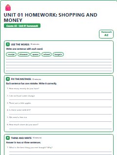 First page of Unit 01 Homework: Shopping and Money, A2 worksheet