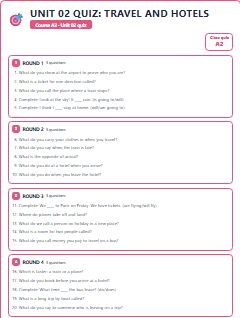 First page of Unit 02 Quiz: Travel and Hotels, A2 activity bank