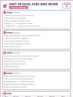 First page of Unit 08 Quiz: Jobs and Work, A2 activity bank