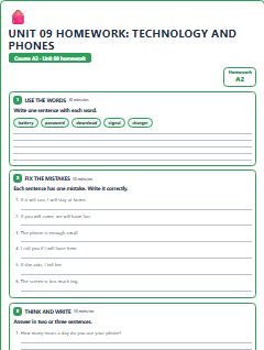 First page of Unit 09 Homework: Technology and Phones, A2 worksheet