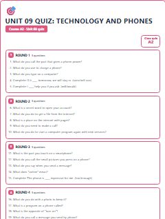 First page of Unit 09 Quiz: Technology and Phones, A2 activity bank