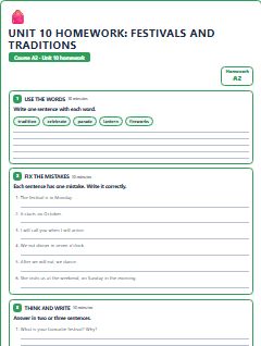 First page of Unit 10 Homework: Festivals and Traditions, A2 worksheet