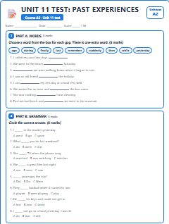 First page of Unit 11 Test: Past Experiences, A2 assessment