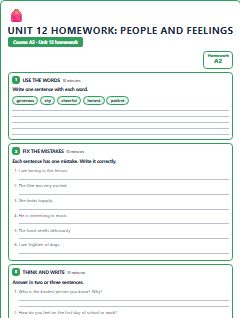 First page of Unit 12 Homework: People and Feelings, A2 worksheet
