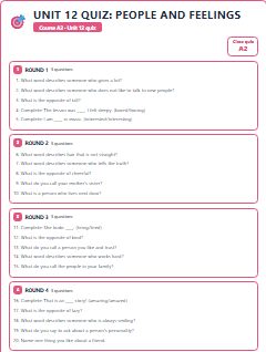 First page of Unit 12 Quiz: People and Feelings, A2 activity bank