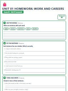 First page of Unit 01 Homework: Work and Careers, B1 worksheet
