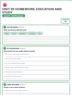 First page of Unit 09 Homework: Education and Study, B1 worksheet