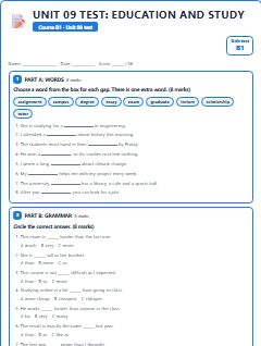 First page of Unit 09 Test: Education and Study, B1 assessment