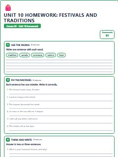 First page of Unit 10 Homework: Festivals and Traditions, B1 worksheet