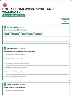 First page of Unit 12 Homework: Sport and Teamwork, B1 worksheet
