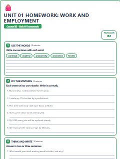 First page of Unit 01 Homework: Work and Employment, B2 worksheet