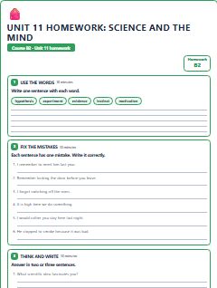 First page of Unit 11 Homework: Science and the Mind, B2 worksheet