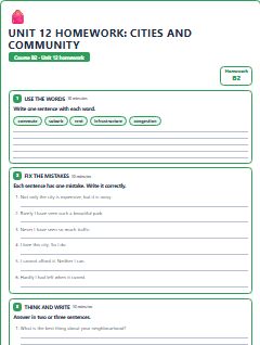 First page of Unit 12 Homework: Cities and Community, B2 worksheet