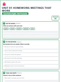 First page of Unit 01 Homework: Meetings That Work, B2 worksheet