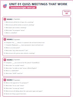 First page of Unit 01 Quiz: Meetings That Work, B2 activity bank