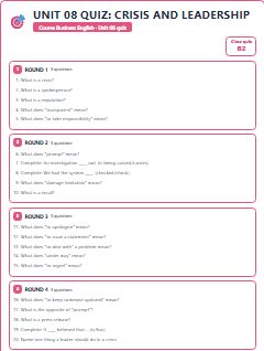 First page of Unit 08 Quiz: Crisis and Leadership, B2 activity bank