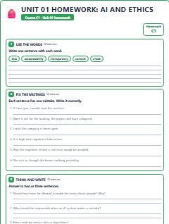 First page of Unit 01 Homework: AI and Ethics, C1 worksheet